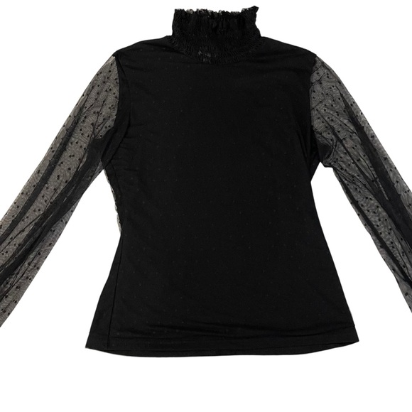 Pink Lily Black Sheer Polka Dot Mesh Sleeve Smocked Mock Neck Top M - Picture 2 of 6